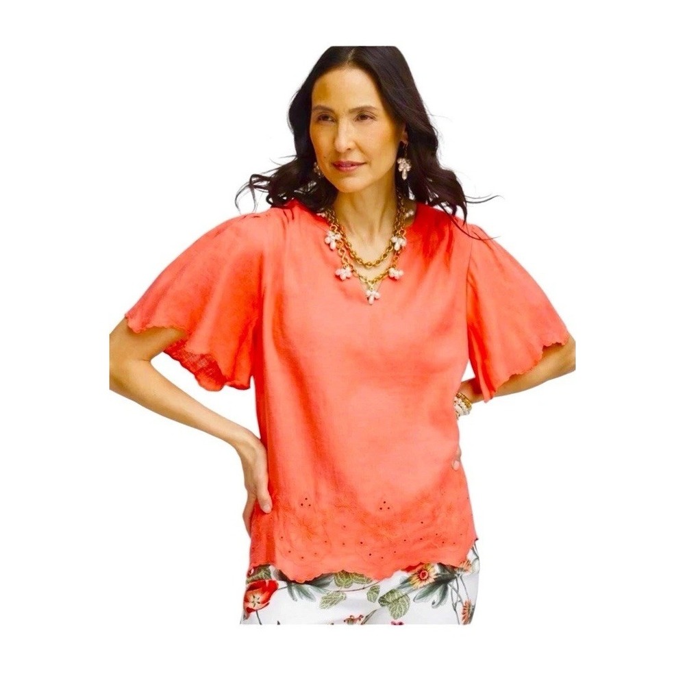 Chicos 3.5 US 18 Linen Eyelet Hem Pullover Blouse Flutter Sleeves Coral Orange